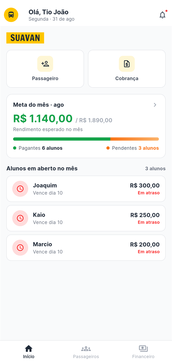 Tela Início: meta do mês e alunos em aberto, com atalhos para cadastrar passageiro e cobrar